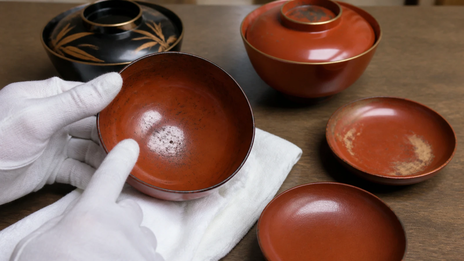 本物の漆器(天然漆)の見分けポイントを説明するAI生成参考写真