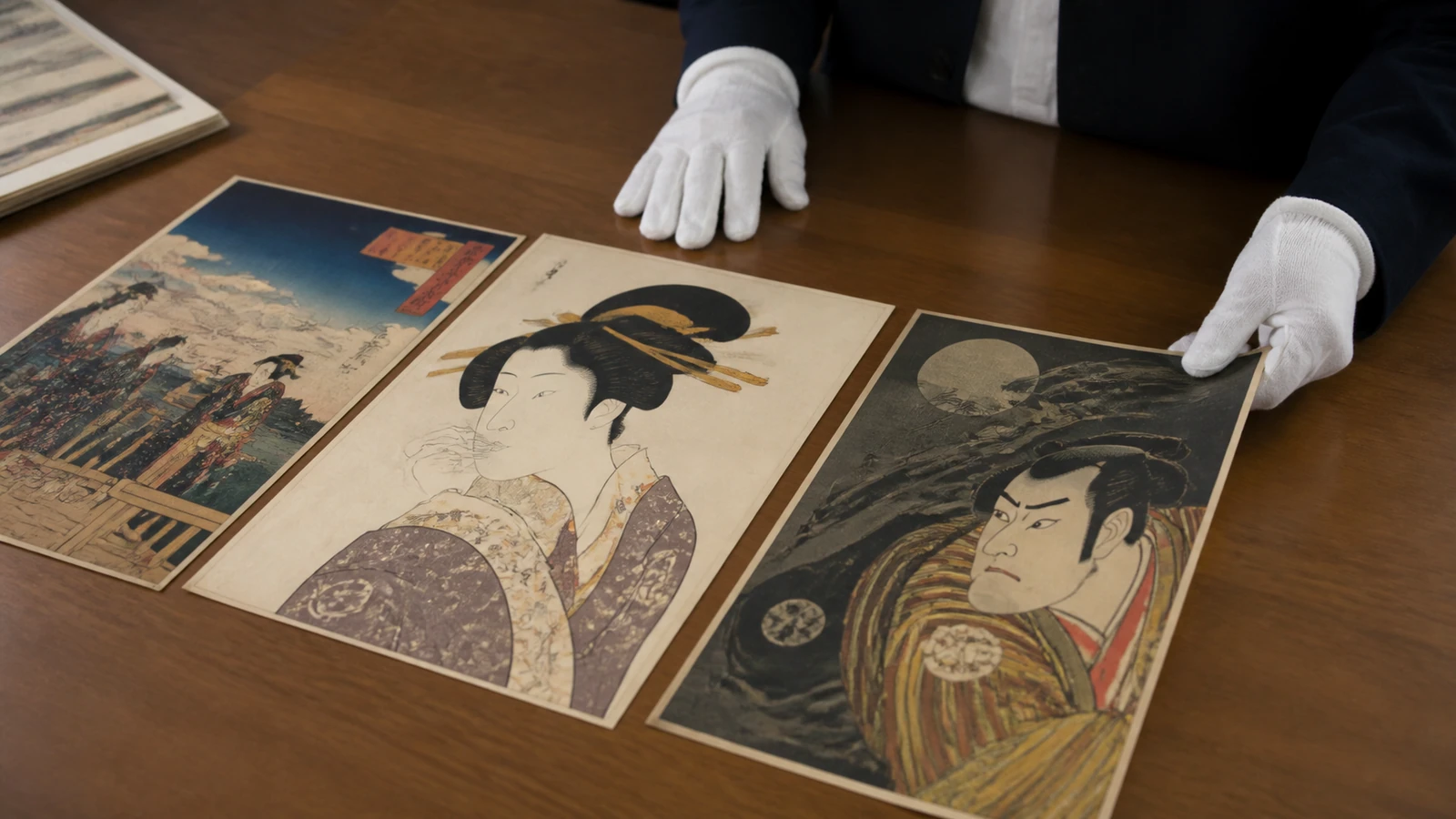 浮世絵・木版画の種類別相場を説明するAI生成参考写真