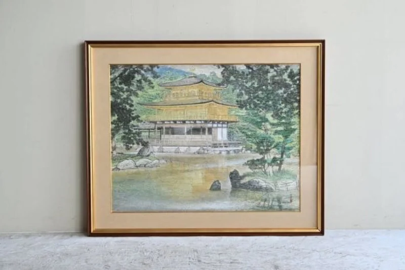 江尻十五郎『清陰』50号 金閣寺 日本画 紙本彩色 金泥 昭和 額装