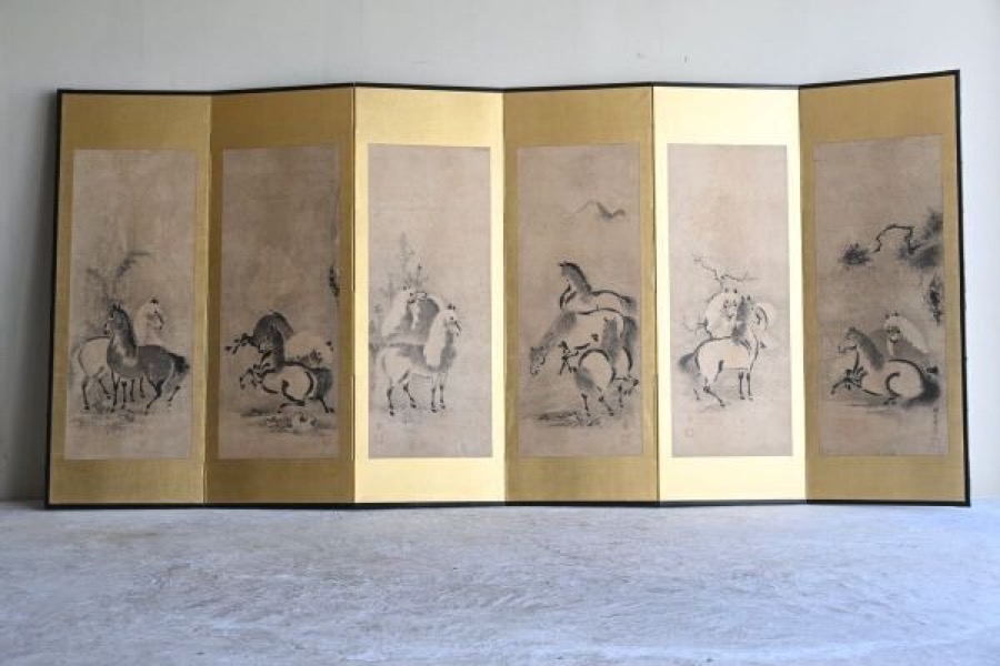 六曲一双 屏風 ／「馬」時信 筆 水墨画 模写 複製