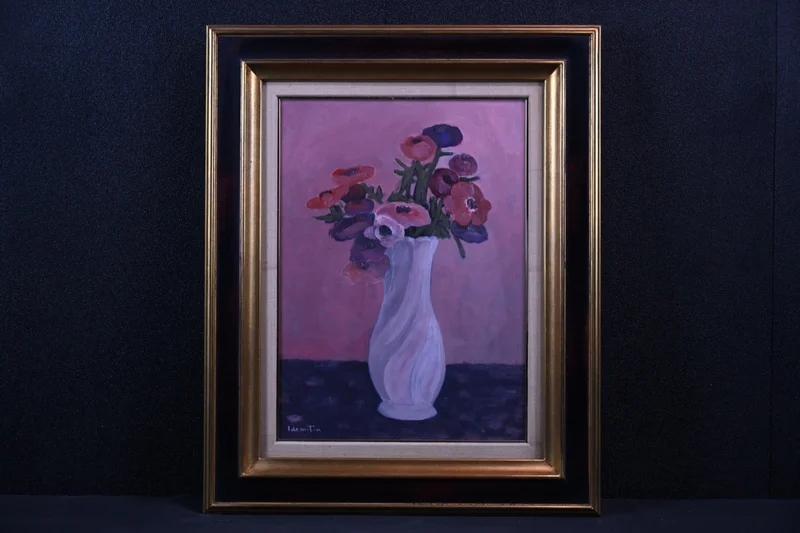 出光純 アネモネ 油彩 花瓶 静物 額装 洋画 花 絵画 インテリア