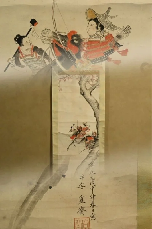 明治 森寛斎 肉筆 桜下武者図 掛軸 四条派 紙本着色 落款印