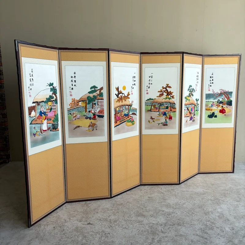 韓国刺繍 六曲屏風 朝鮮民俗風俗図 漢詩銘文入り 雲山款 折りたたみ式コンパクト収納