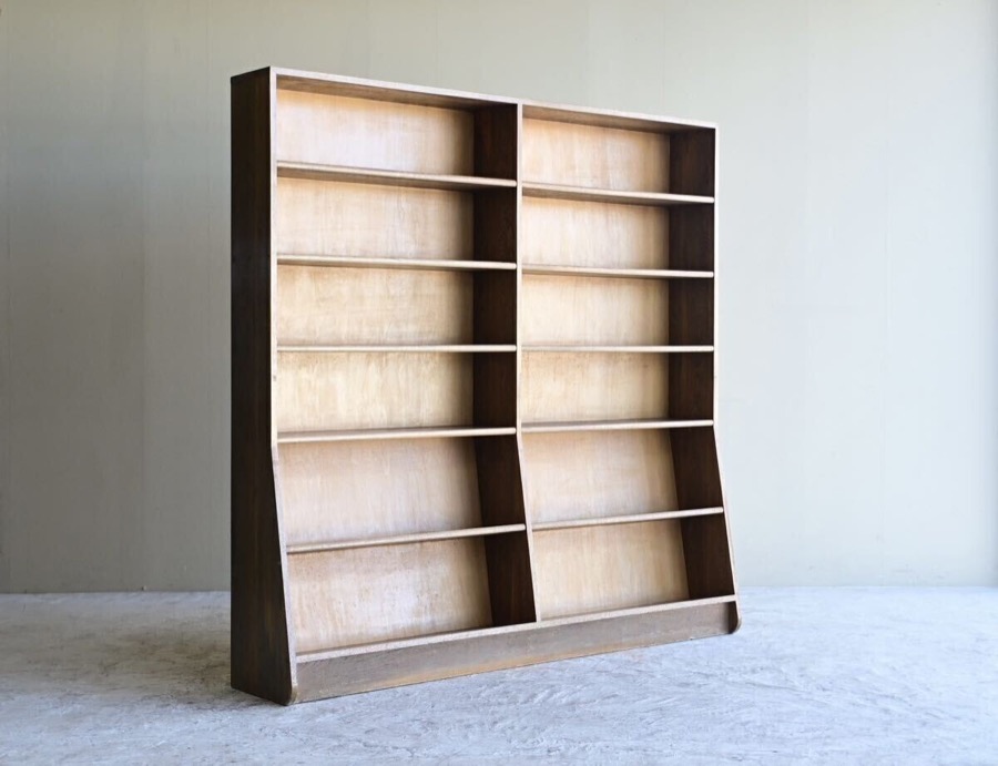昭和 学校什器 特大ブックシェルフ ／ 2列6段 縦型 木製 W182×H182cm