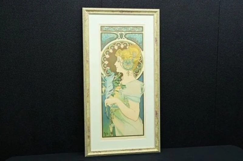 アール・ヌーヴォー リトグラフ ミュシャ「羽根（La Plume）」サイン入・木製装飾額
