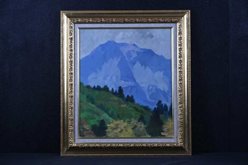 山岳 風景画 油彩 肉筆 原画 額装 緑 自然 インテリア アート