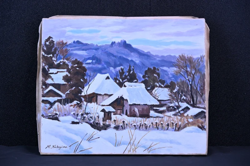 M.Nakajima 雪景色 油彩 肉筆 キャンバス 冬 村落 風景画 サイン入り